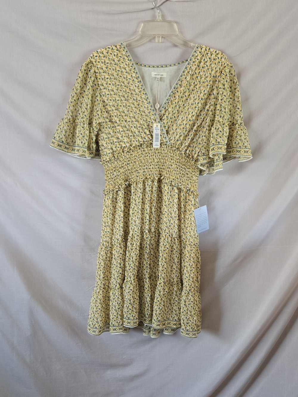 Max Studio Yellow Floral Smocked V-Neck Mini Dress